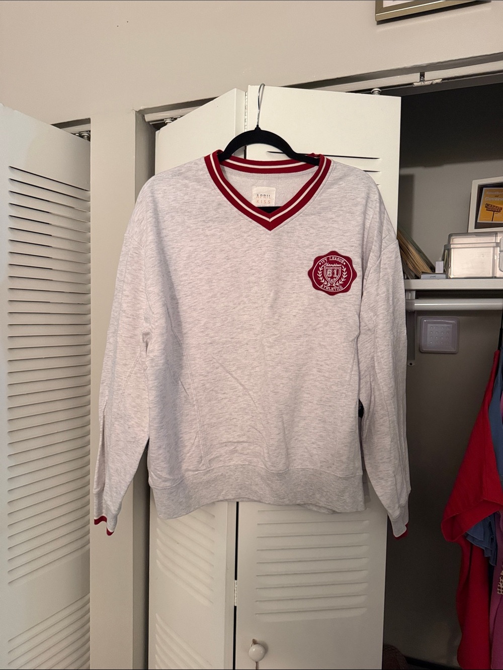 Men's Heather Gray V-Neck Sweater with Red Trim